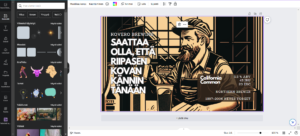 Ruudunkaappaus graafisen suunnittelun Canva-sovelluksesta. Kuvassa Canvan editori ja kotioluen etiketti.