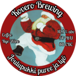 Olutetiketti, jossa kuva kickboksaavasta joulupukista sekä tekstit "Kovero Brewing" ja "Joulupukki puree ja lyö"
